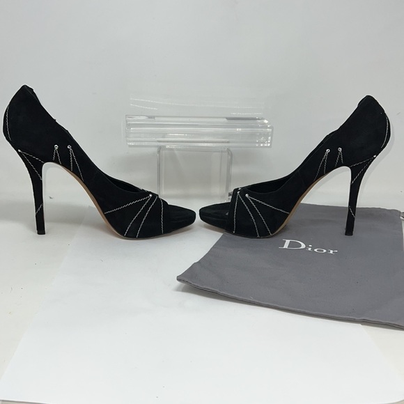 Dior Sz 39.5 Suede Embroidered Folles Peep Toe Pumps Heels - Picture 7 of 14